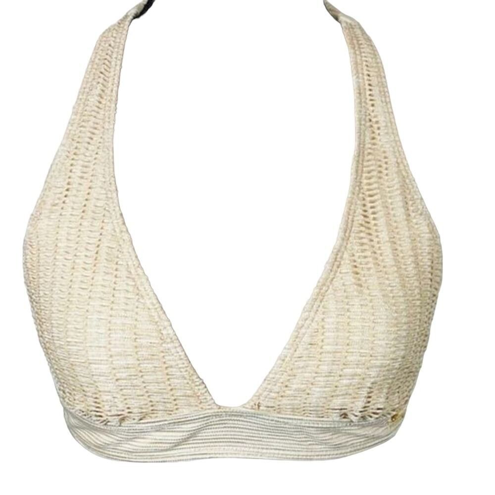 St. John Beige Crochet Mesh Swimwear Bikini triangle halter tie Top logo 4